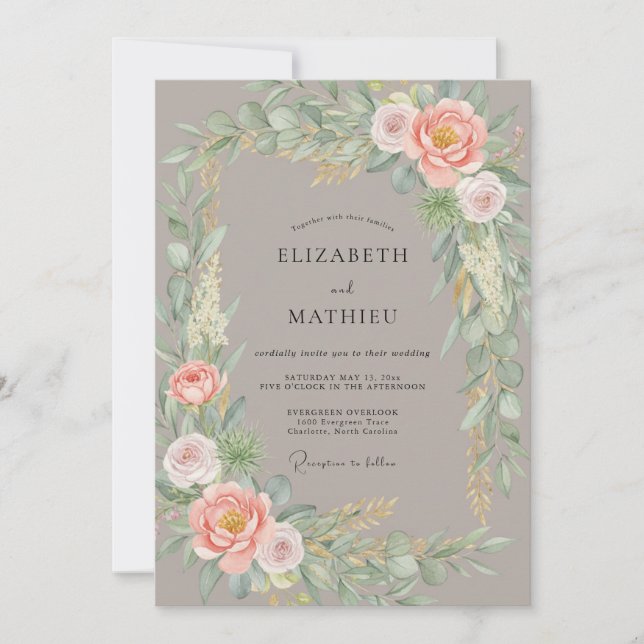 Convite Casamento Taupe Soft Peach Peony (Frente)