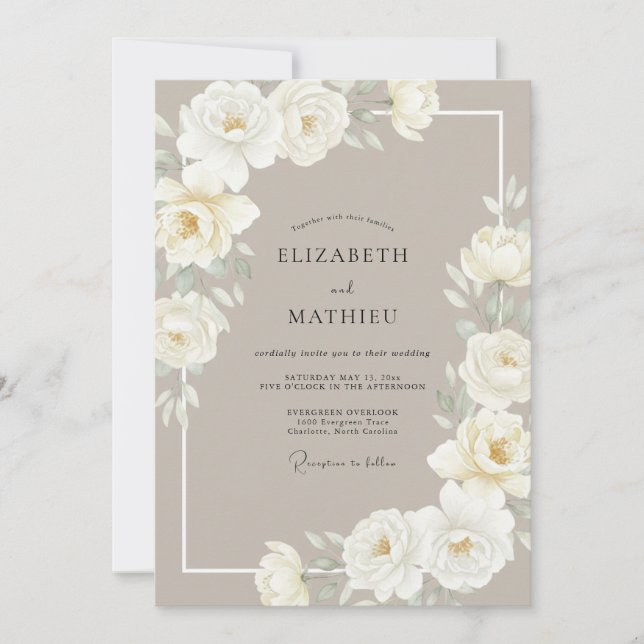Convite Casamento Taupe Soft White Peony (Frente)