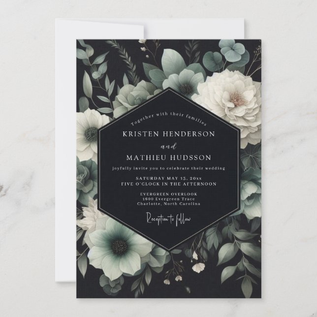 Convite Casamento Teal Anemone Noir (Frente)