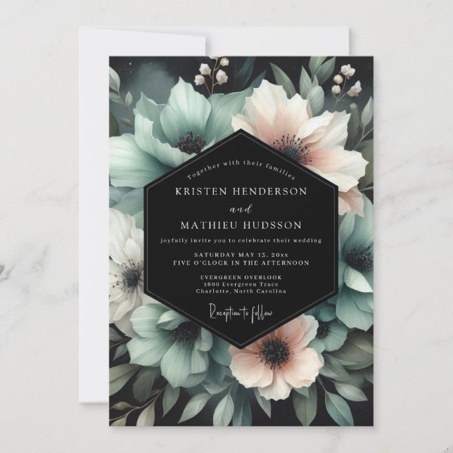 Convite Casamento Teal Blush Midnight Bloom (Frente)