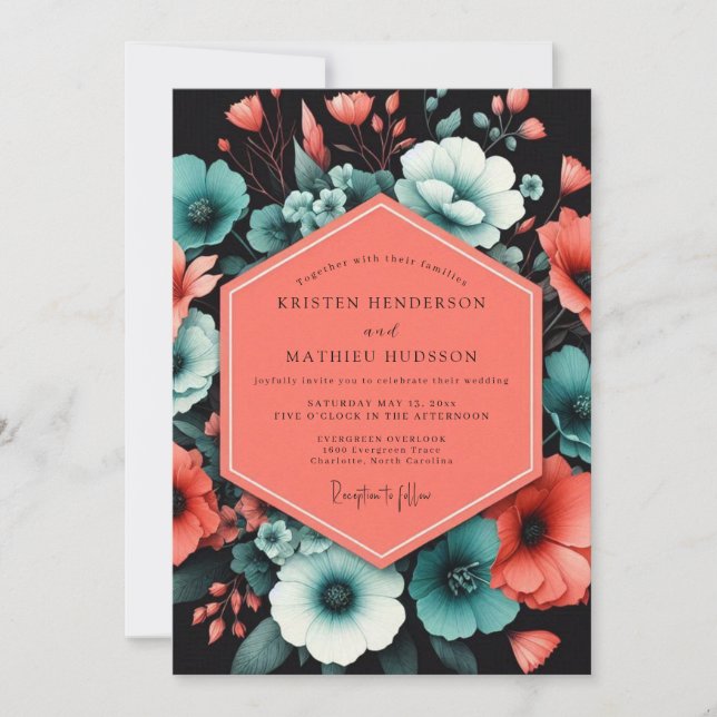 Convite Casamento Teal Bold Bloom (Frente)
