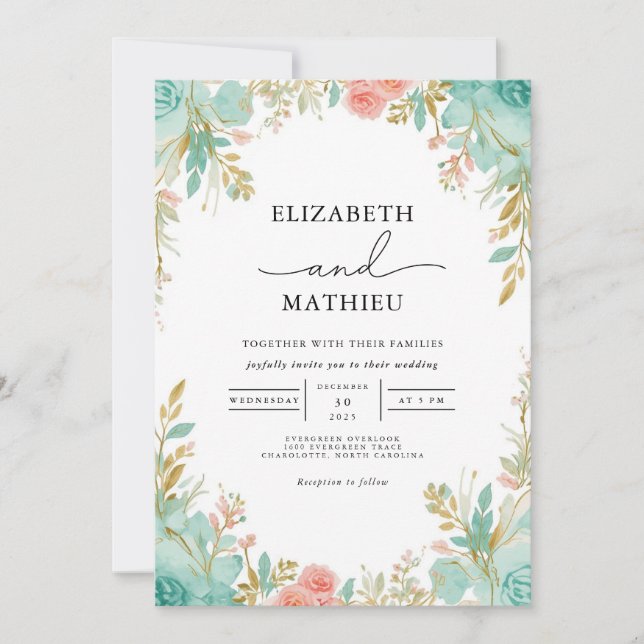 Convite Casamento Teal & Coral Bloom Archway (Frente)