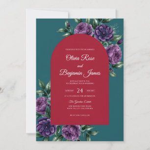 Convite Casamento Teal Crimson Purple Dahlia