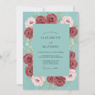 Convite Casamento Teal Crimson Ranunculus Eucalipto