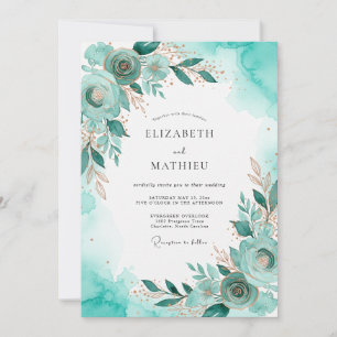 Convite Casamento Teal Dourado à Beira-Mar