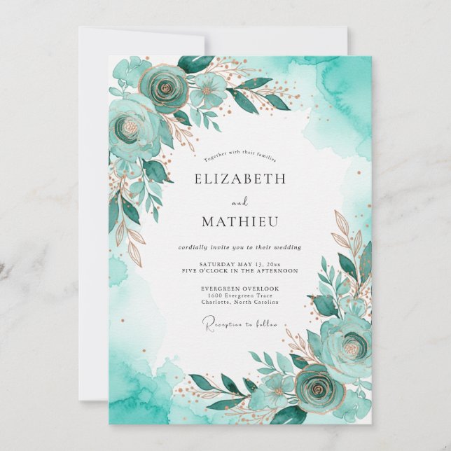 Convite Casamento Teal Dourado à Beira-Mar (Frente)
