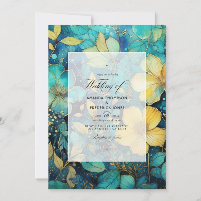 Convite Casamento Teal e Dourado Floral (Frente)