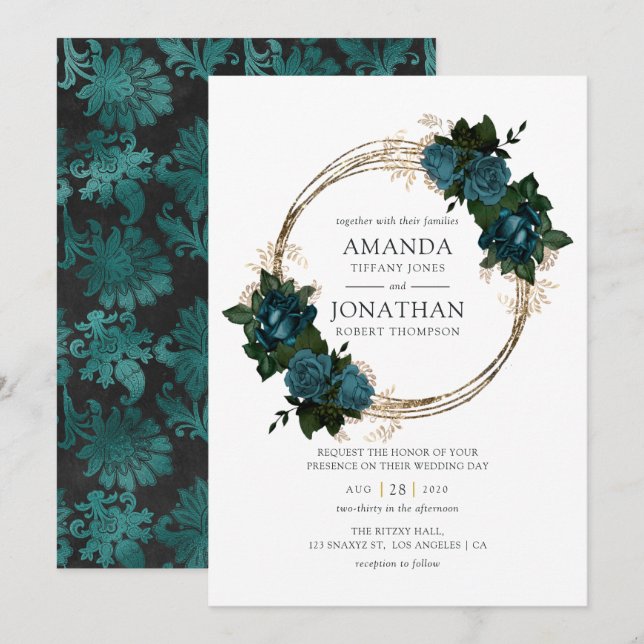 Convite Casamento Teal e Dourado Floral (Frente/Verso)
