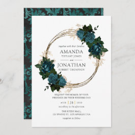 Convite Casamento Teal e Dourado Floral