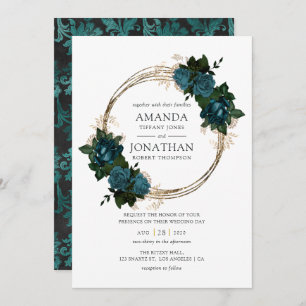 Convite Casamento Teal e Dourado Floral