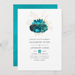 Convite Casamento Teal e Dourado Floral