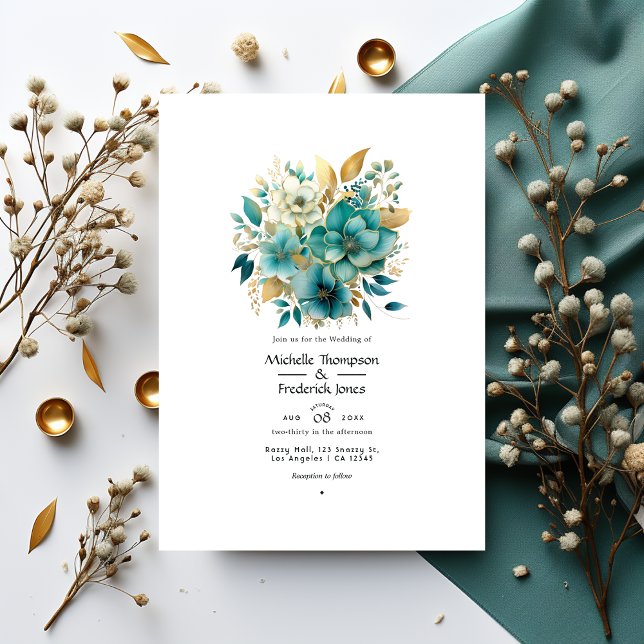 Convite Casamento Teal e Dourado Floral (Criador carregado)