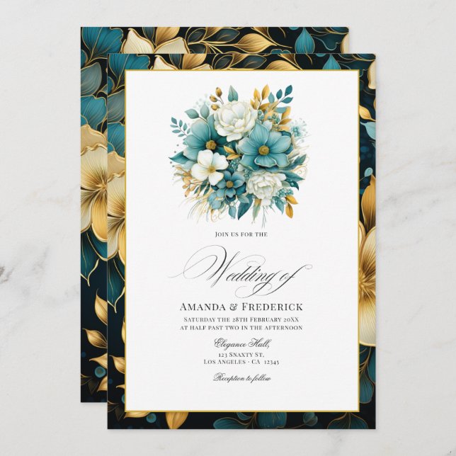 Convite Casamento Teal e Dourado Floral (Frente/Verso)