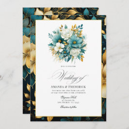 Convite Casamento Teal e Dourado Floral