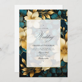 Convite Casamento Teal e Dourado Floral