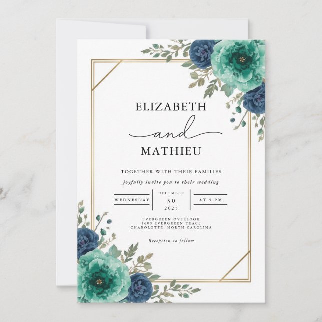 Convite Casamento Teal Floral Border (Frente)