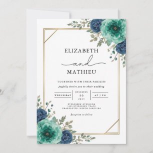 Convite Casamento Teal Floral Border