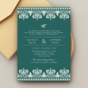 Convite Casamento Teal Ivory Damask Border Anand Karaj Sik