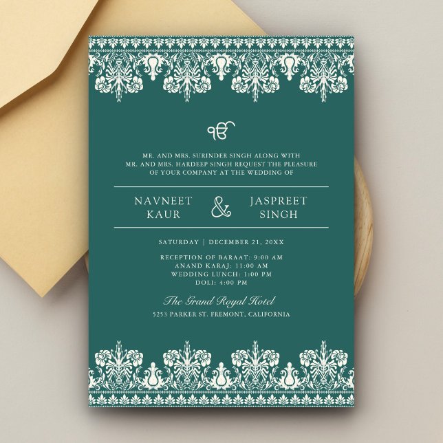 Convite Casamento Teal Ivory Damask Border Anand Karaj Sik (Criador carregado)
