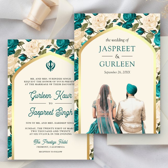 Convite Casamento Teal Ivory Floral Punjabi Anand Karaj Si (Criador carregado)