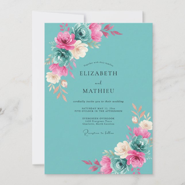 Convite Casamento Teal Magenta Ranunculus Eucalipto (Frente)