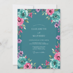 Convite Casamento Teal Magenta Ranunculus Sage