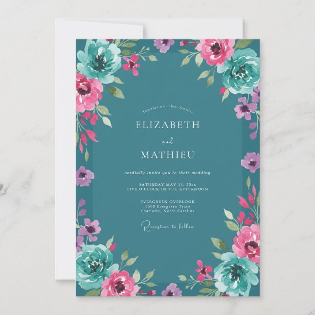 Convite Casamento Teal Magenta Ranunculus Sage (Frente)
