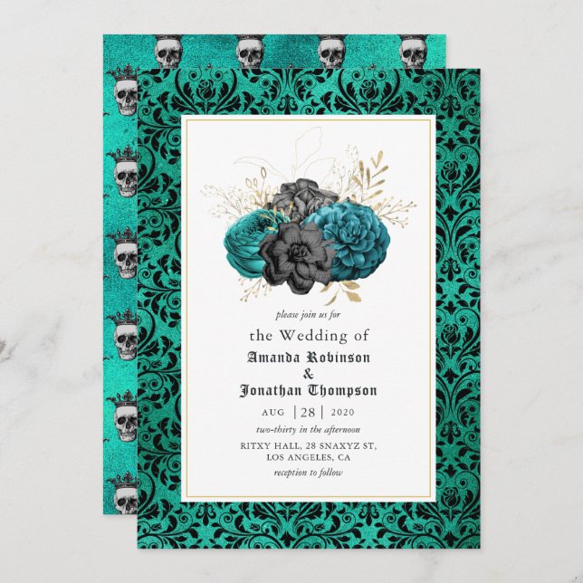 Convite Casamento Teal, Negro e Dourado Gótico Floral (Frente/Verso)