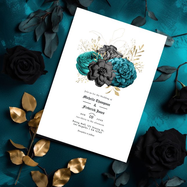 Convite Casamento Teal, Negro e Dourado Gótico Floral (Criador carregado)