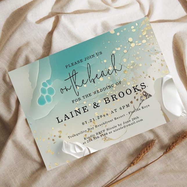 Convite Casamento Teal Ocean Tide & Gold Ethereal Shorelin (Criador carregado)