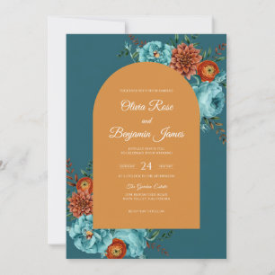 Convite Casamento Teal Ochre Dahlia