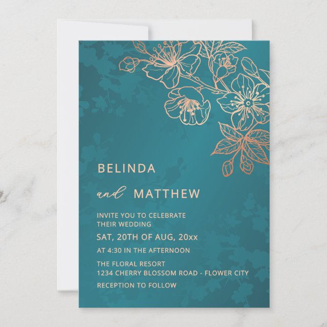 Convite Casamento Teal Rose Gold Foto (Frente)