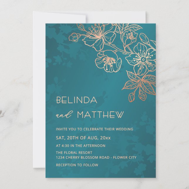 Convite Casamento Teal Rose Gold Foto (Frente)