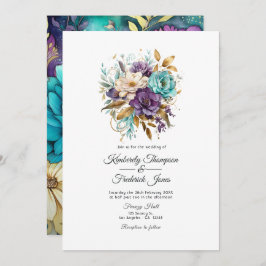 Convite Casamento Teal, Roxo e Dourado Floral