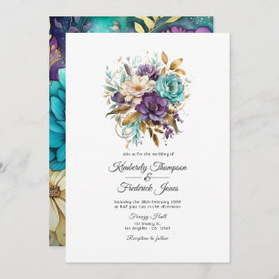 Convite Casamento Teal, Roxo e Dourado Floral