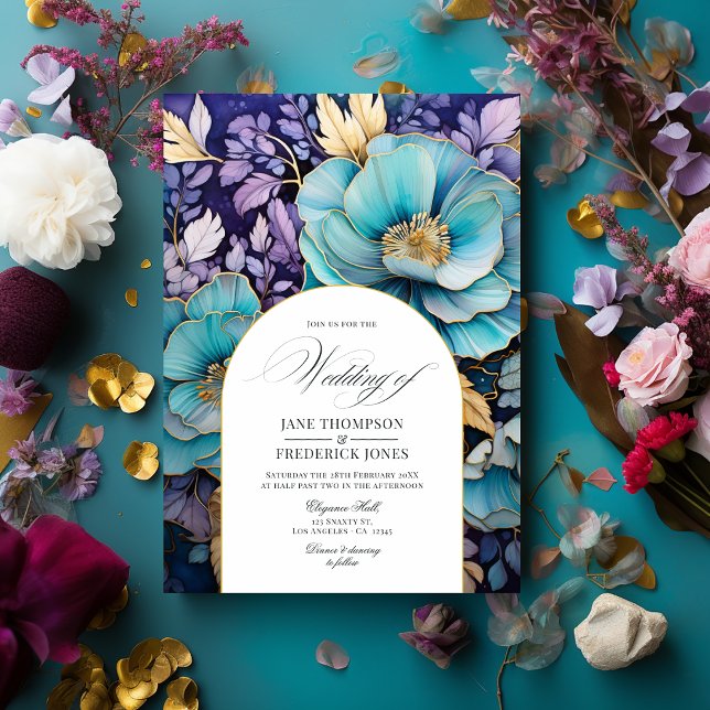 Convite Casamento Teal, Roxo e Dourado Floral (Teal, Purple, and Gold Floral Wedding Invitation)