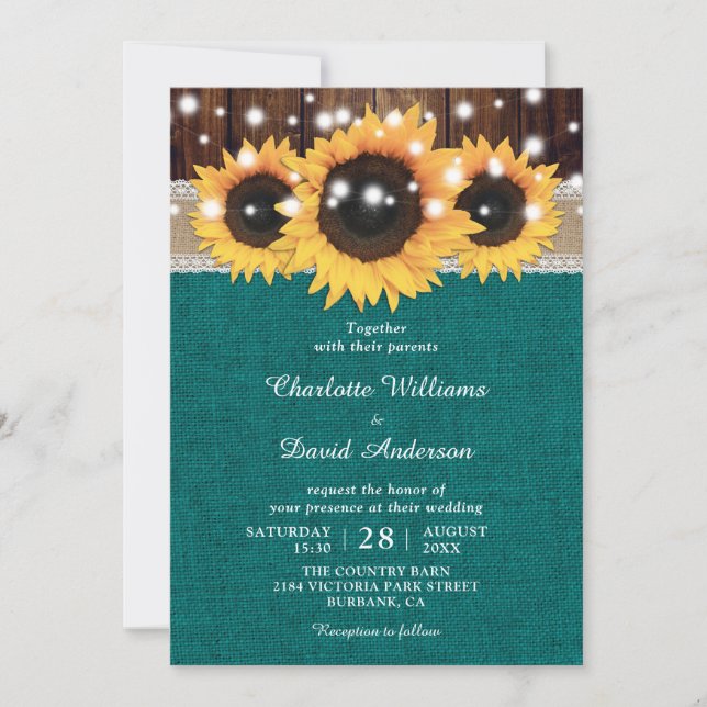 Convite Casamento Teal Rustic Sunflower (Frente)