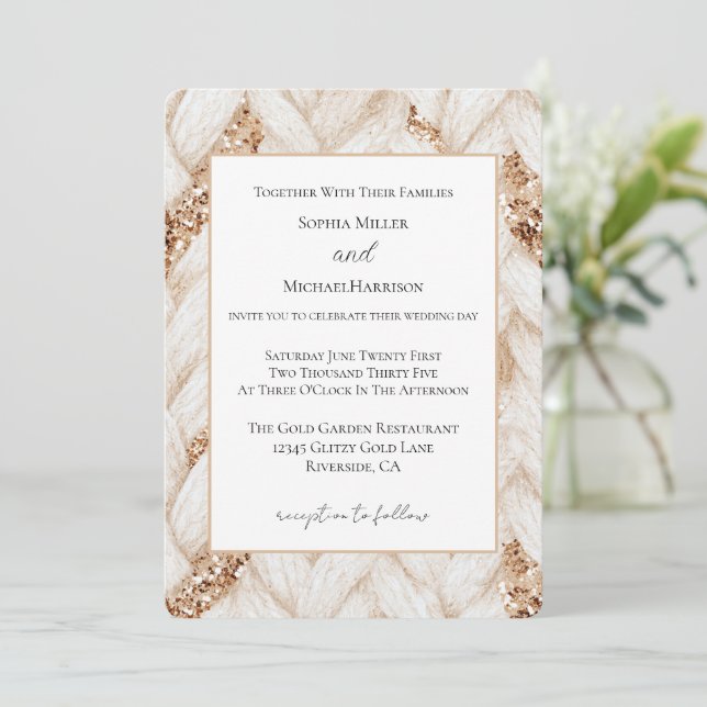 Convite Casamento Tecido Branco Com Brilho Dourado Tecido  (Em pé/Frente)