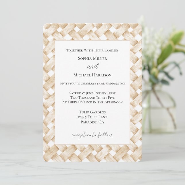 Convite Casamento Tecido Cesto Falso Branco Creme (Em pé/Frente)