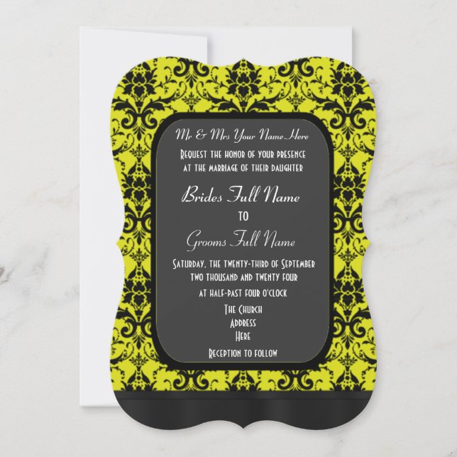 Convite Casamento tema damasco amarelo e preto (Frente)