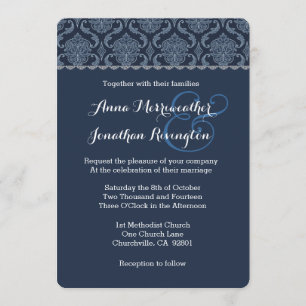 Convite Casamento tema damasco azul de meia-noite V02