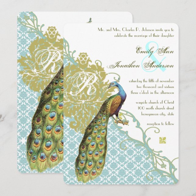 Convite Casamento tema damasco Azul e Verde do Peacock Vin (Frente/Verso)