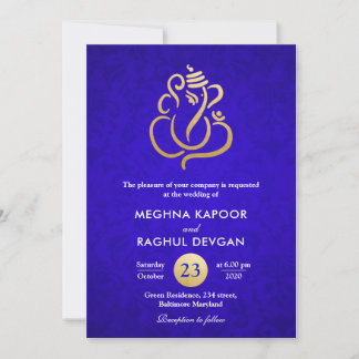 Convite Casamento tema damasco Azul Folha/Folha de Ouro da