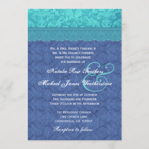 Convite Casamento tema damasco azul marinho e azul-aqua G5