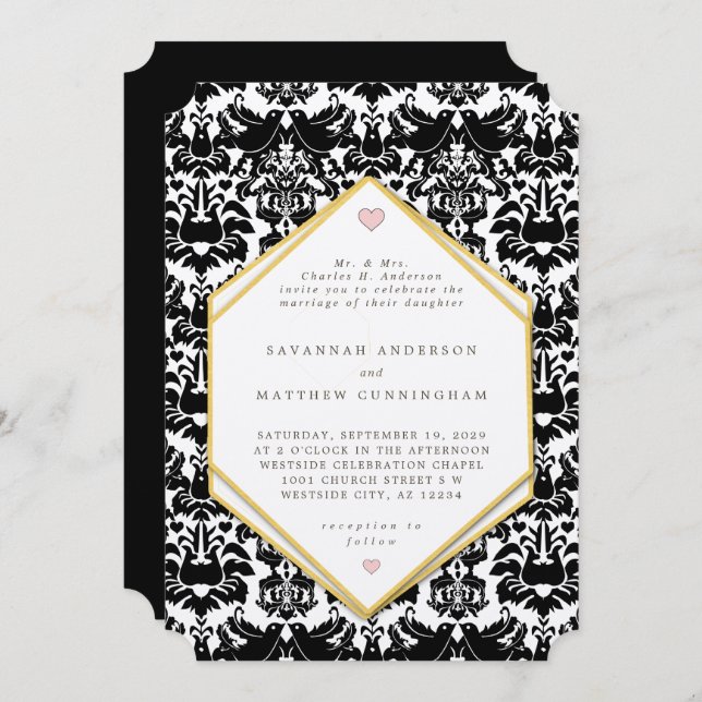 Convite Casamento tema damasco Blaack e Dourado LoveBird V (Frente/Verso)