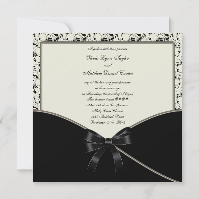 Convite Casamento tema damasco Black Ivory Cream (Frente)