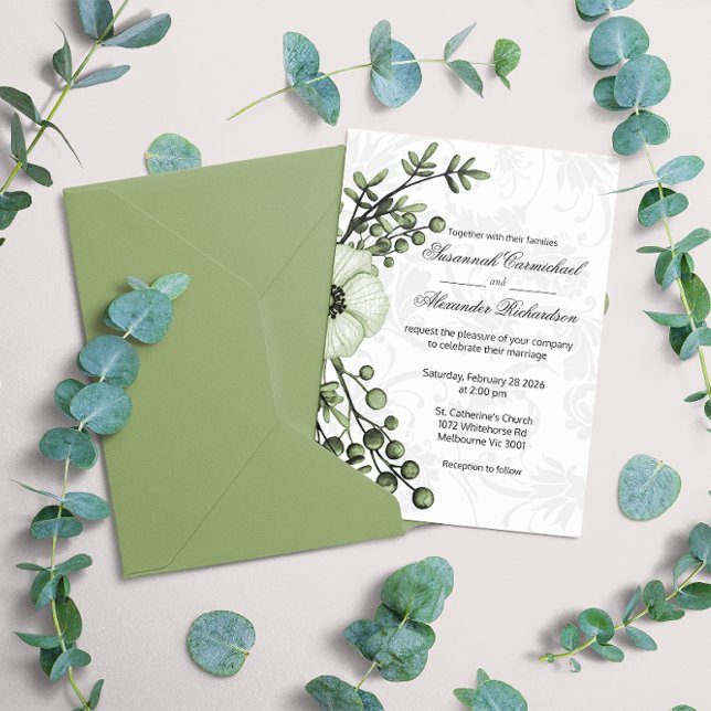 Convite Casamento tema damasco Boho Green Floral Berries (Criador carregado)