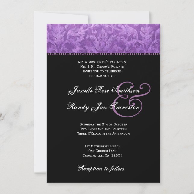Convite Casamento tema damasco Branco Preto Roxo Ver 002 (Frente)