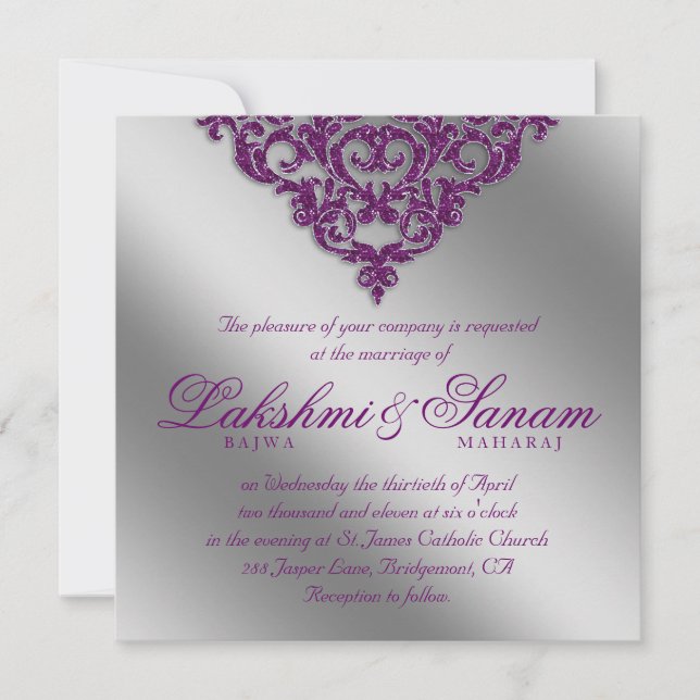 Convite Casamento tema damasco Convide Sparkle Silver Purp (Frente)