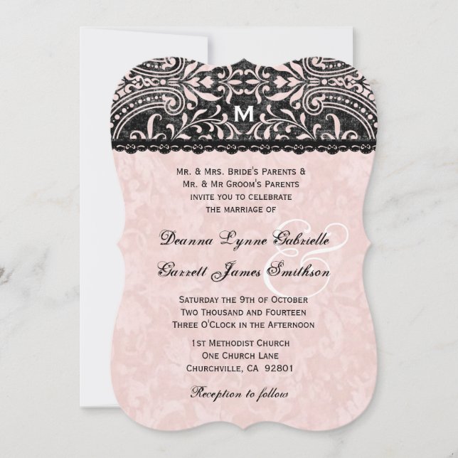 Convite Casamento tema damasco cor-de-rosa e preto A14 de (Frente)